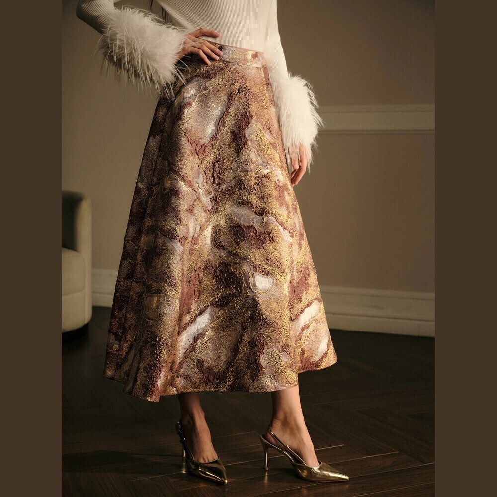 Bronze Metallic Textured A-Line Midi Skirt